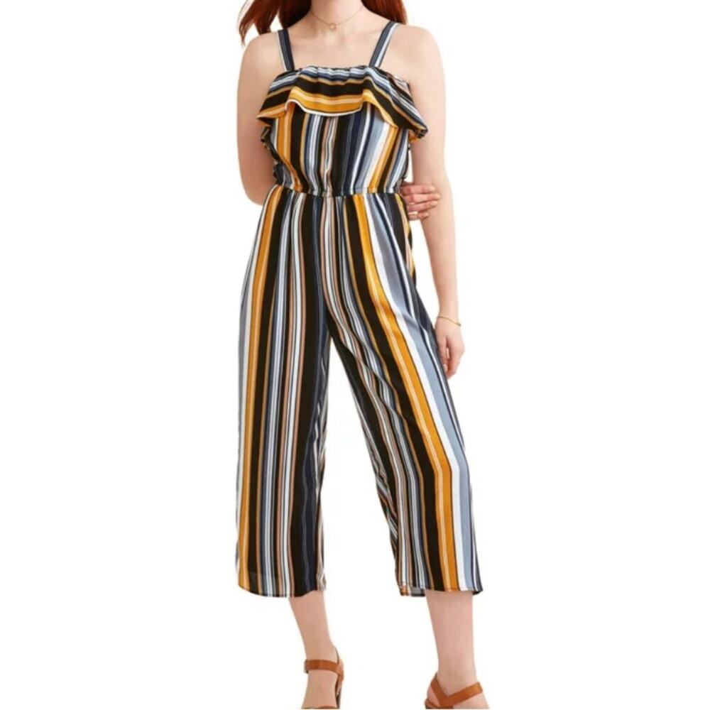 Vertical Striped Elastic Waist Tank Top Jumpsuit Capri Length W10